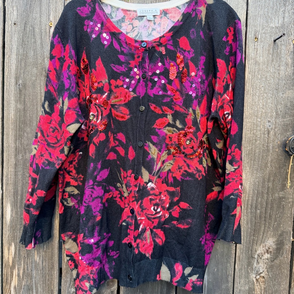 Joseph‎ A. Floral Sequin Embellished Cardigan Sweater Black Red Purple XL